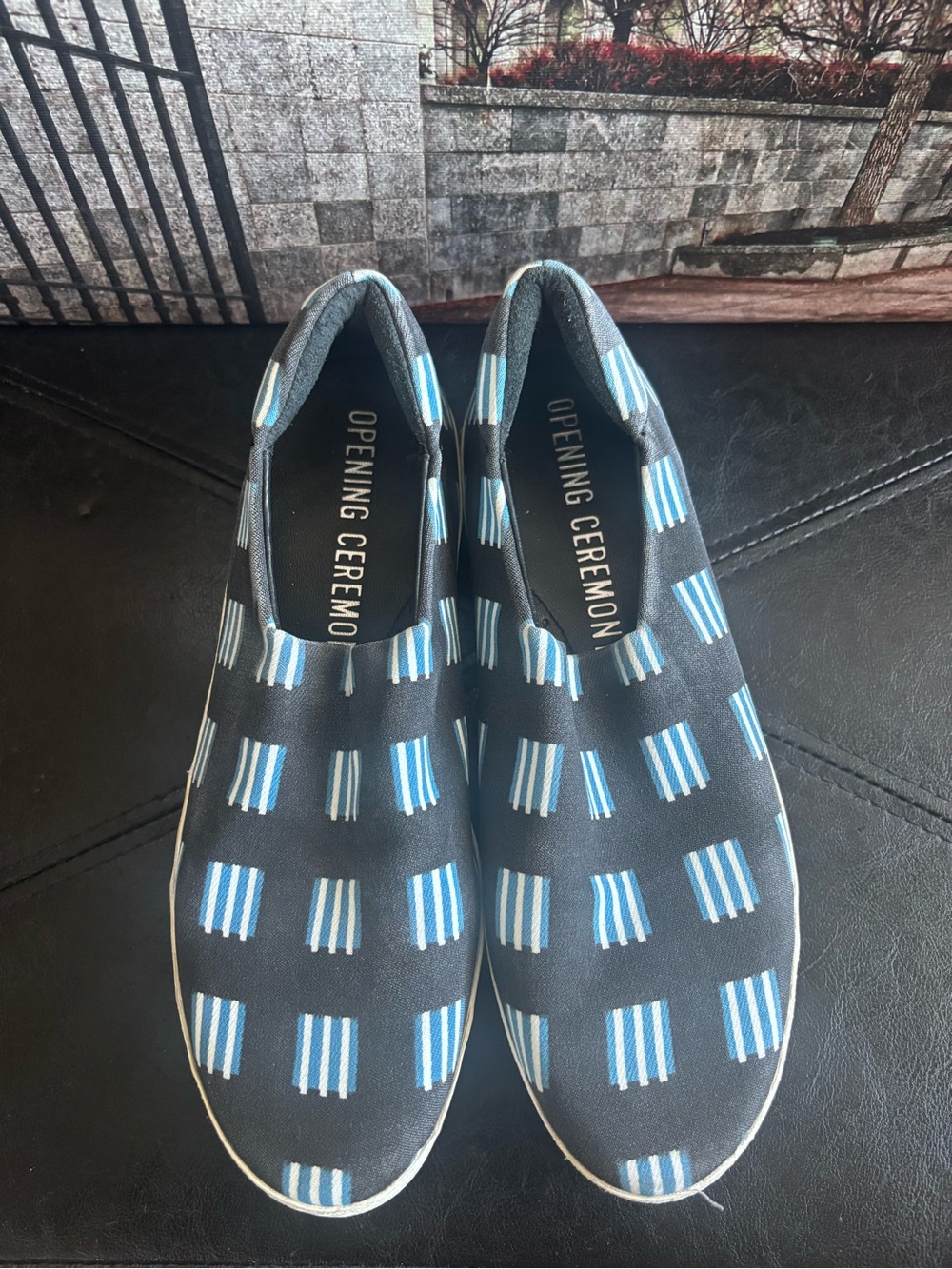 Opening Ceremony Black Slip-On Sneakers with Blue Stripe Blocks
